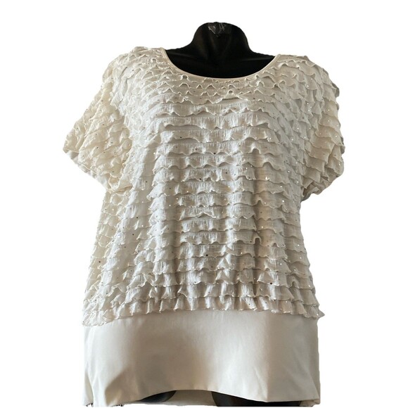 Cato Ruffled Blouse Womens XL Swoop Neck‎ Bling Cap Sleeve 4% Spandex - Picture 1 of 7